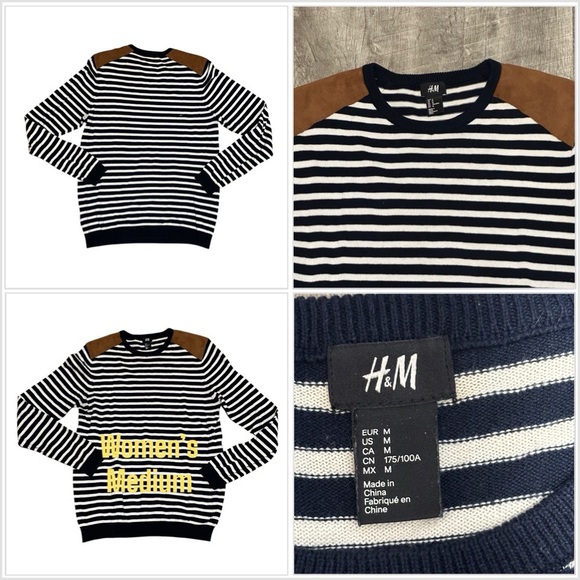 Women’s H&M Medium Sweater Crewneck Navy Blue White Brown Shoulder Pullover Soft - Picture 1 of 8